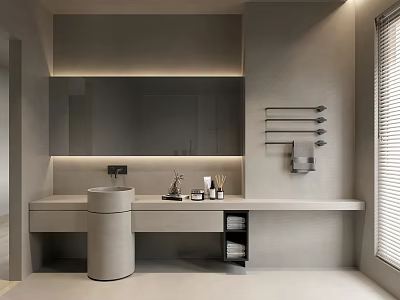 Modern Bathroom Interior With Large Mirror Circular Sink Gray Tone And Wall Towel Rack 3d model