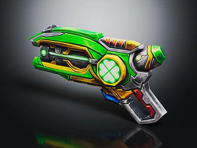Futuristic Vibrant Weapon With Green Yellow Blue Clover Design And Detailed Accents 3d model