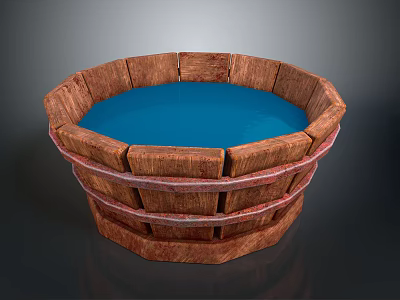 Children Playing with Wooden Octagonal Bucket Filled with Blue Water 3d model