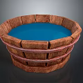 Children Playing with Wooden Octagonal Bucket Filled with Blue Water