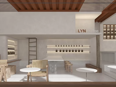 LYN Coffee Interior With Wooden Ceiling Light Walls Bar Counter And Wicker Chairs 3d model