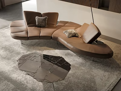 Curved Brown Leather Sectional Sofa With Grey Cushions Glass Coffee Table In Modern Living Room 3d model