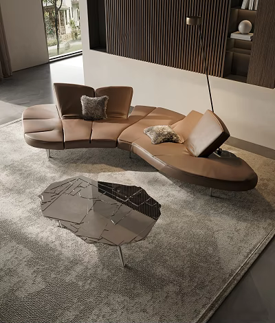 Curved Brown Leather Sectional Sofa With Grey Cushions Glass Coffee Table In Modern Living Room 3d model