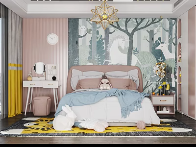 Kids Room Interior Design With Pink Walls Forest Themed Wallpaper Yellow Curtains And Stuffed Toys 3d model