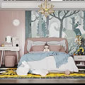 Kids Room Interior Design With Pink Walls Forest Themed Wallpaper Yellow Curtains And Stuffed Toys