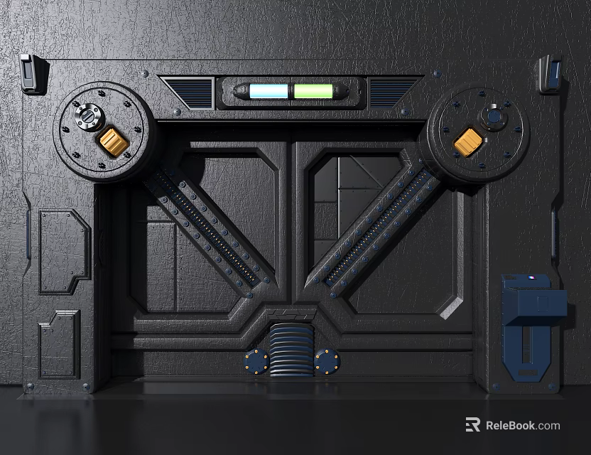 Futuristic Black Mechanical Panel With Circular Knobs Indicator Lights And Symmetric Design 3d model