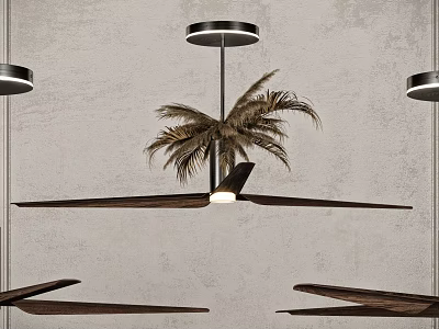 Modern Palm Leaf Design Ceiling Light With Wooden Blades And Round Base On Gray Wall 3d model