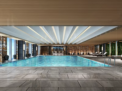 Modern Indoor Swimming Pool Area With Stone Walls Loungers And Floor to Ceiling Windows 3d model
