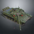 Military Tank With Green Camouflage Tracks Armored Turret And Long Gun Barrel