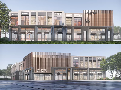 Modern Commercial Street Featuring Retail Shops Storefronts Wooden Facade And Greenery 3d model