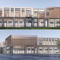 Modern Commercial Street Featuring Retail Shops Storefronts Wooden Facade And Greenery
