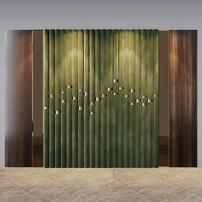 Green Vertical Striped Background Wall with Metal Square Decorations and Wooden Side Panels 3d model