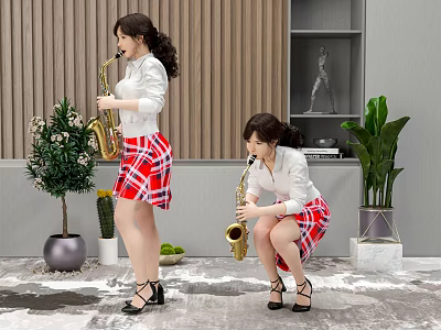 Women Playing Saxophones In White Tops And Red Plaid Skirts With Plants Bookshelf And Sculpture 3d model