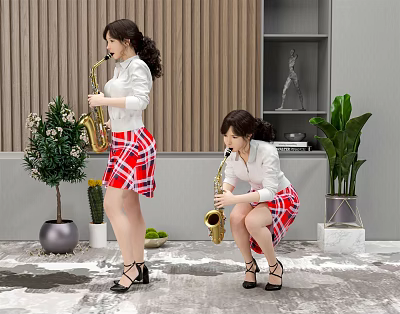 Women Playing Saxophones In White Tops And Red Plaid Skirts With Plants Bookshelf And Sculpture 3d model