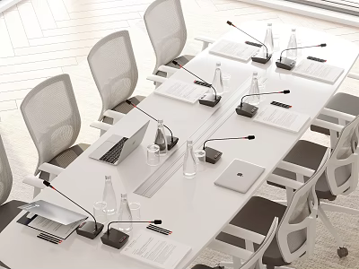 Modern Conference Table Setup With Chairs Laptop Microphones And Water Bottles 3d model