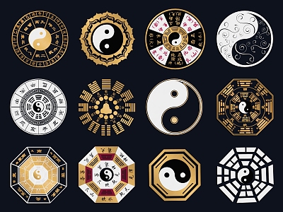 Chinese Wall Decoration Pendant Eight Diagrams Taiji Yin and Yang Eight Diagrams Yin and Yang Silhouette Taoism Religious Elements Eight Rations Compass Yin and Yang Fish Icon 3d model