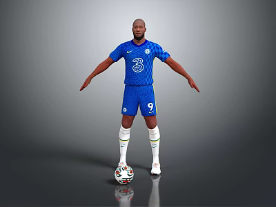Man in Blue Soccer Jersey Number 3 and 9 Standing Arms Outstretched with Soccer Ball 3d model