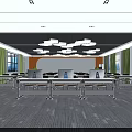 Modern Conference Room Interior With Arranged Tables Chairs Large Screen And Geometric Lights