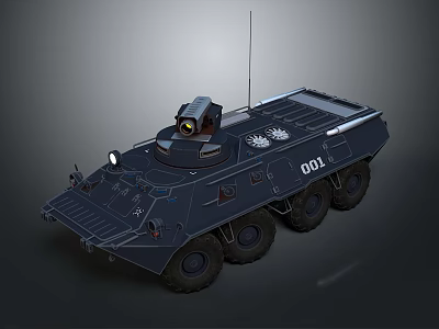 Armored Military Vehicle Featuring Six Wheel Design Turret Camera Antenna And Number 001 3d model