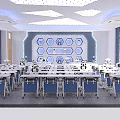 Modern School Smart Classroom With Robots Organized Desks Large Screen And Geometric Lights
