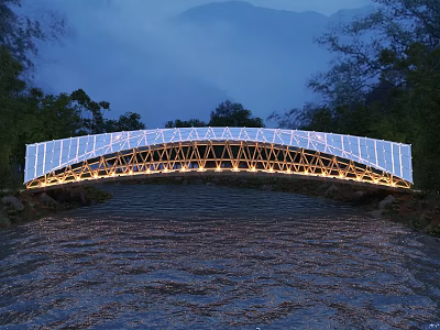 Illuminated Landscape Bridge Over River With Trees And Mountain Backdrop At Night 3d model