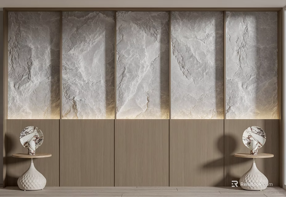 Modern Bed Accent Wall With Stone Wooden Panels Lighting And Side Tables 3d model 