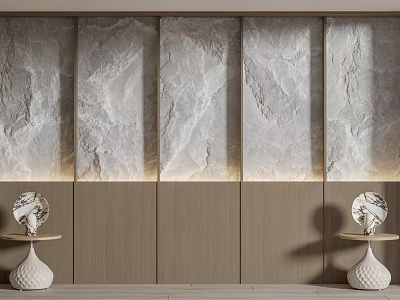 Modern Bed Accent Wall With Stone Wooden Panels Lighting And Side Tables 3d model