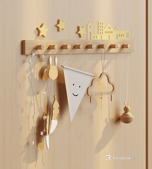 Cute Wooden Kids Room Decorations With Star Rabbit Smiley Pennant Cloud And Feather Ornaments 3d model 