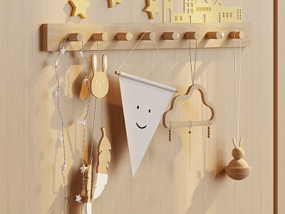 Cute Wooden Kids Room Decorations With Star Rabbit Smiley Pennant Cloud And Feather Ornaments 3d model