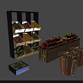 Organized Retail Display Shelves with Assorted Fresh Fruits and Wooden Fruit Baskets