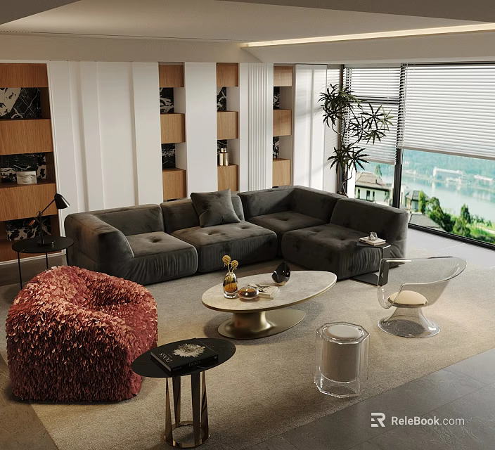 Modern Living Room with Gray L-shaped Sofa Round Coffee Table Decorative Items and Window View 3d model 