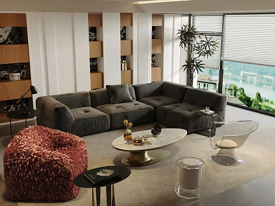 Modern Living Room with Gray L-shaped Sofa Round Coffee Table Decorative Items and Window View 3d model