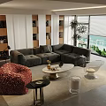 Modern Living Room with Gray L-shaped Sofa Round Coffee Table Decorative Items and Window View