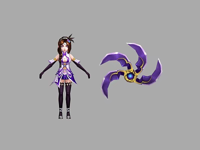 Game Female Character in Purple White Outfit and Purple Multi blade Weapon with Blue Gem 3d model
