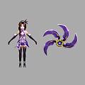 Game Female Character in Purple White Outfit and Purple Multi blade Weapon with Blue Gem