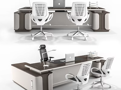 Modern Office Desk with White Ergonomic Chairs Laptop and Office Supplies Setup 3d model
