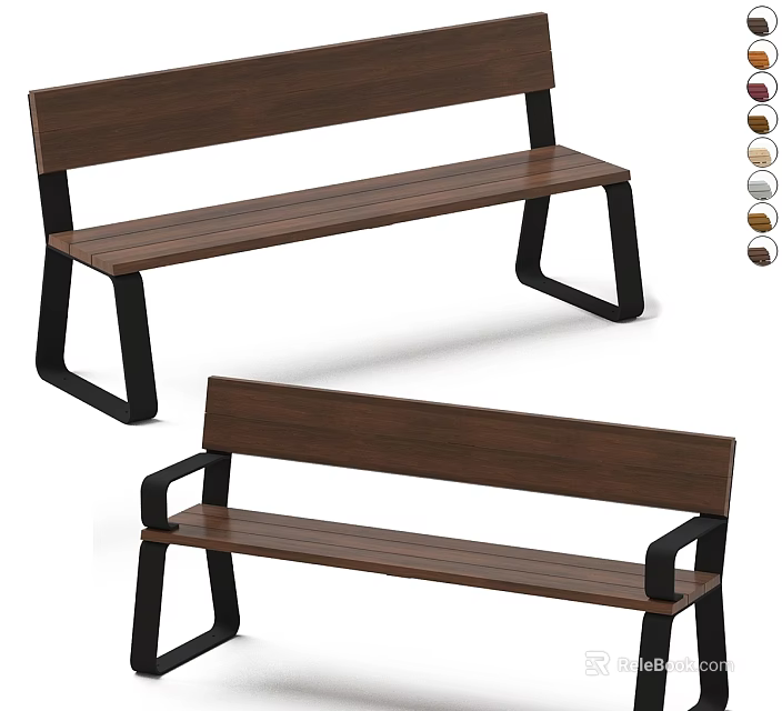 Outdoor Benches Featuring Walnut Wooden Seat Black Metal Frames And Armrest Options 3d model 