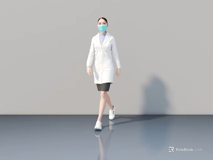 A Woman In White Coat And Blue Mask Walking On Reflective Floor With Gray Background 3d model 