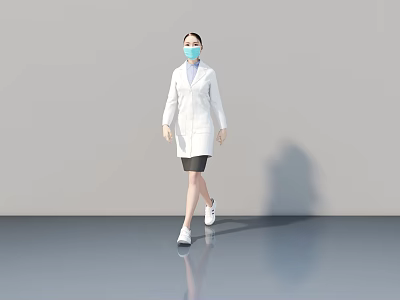 A Woman In White Coat And Blue Mask Walking On Reflective Floor With Gray Background 3d model