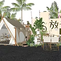Tropical Camping Site With Canvas Tent Palm Trees Tables And Chairs Decorative Flags