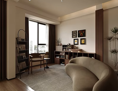 Cozy Entertainment Room Interior With Curved Sofa Bookshelf And Decorative Paintings 3d model