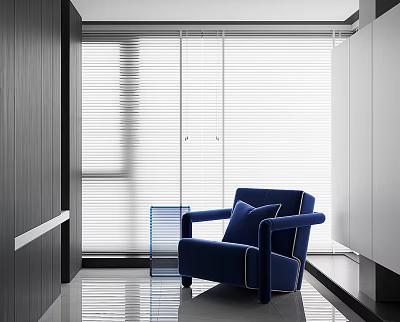 Elegant Navy Blue Velvet Accent Chair In Modern Interior With Window Blinds 3d model
