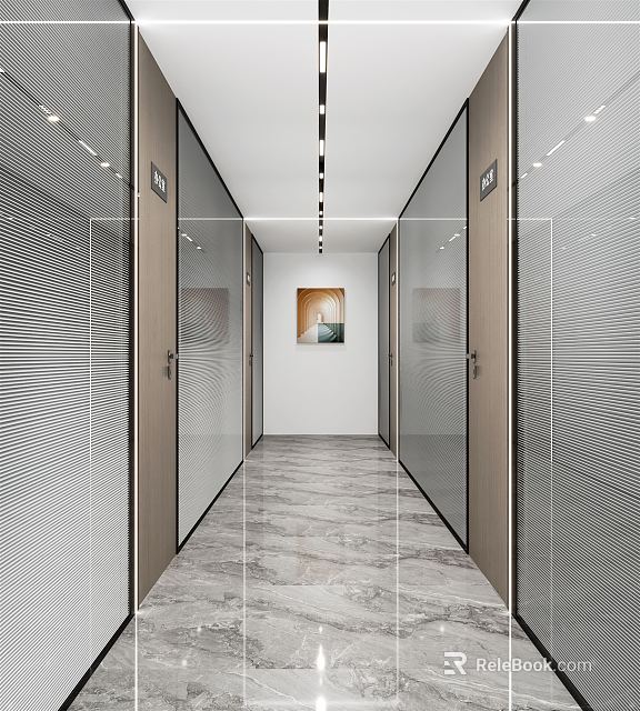 Modern Office Corridor With Glass Partitions Recessed Lighting Marble Floor And Abstract Wall Art 3d model 