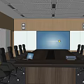 Modern Conference Room With Long Table Black Chairs Whiteboard Large Screen And Windows
