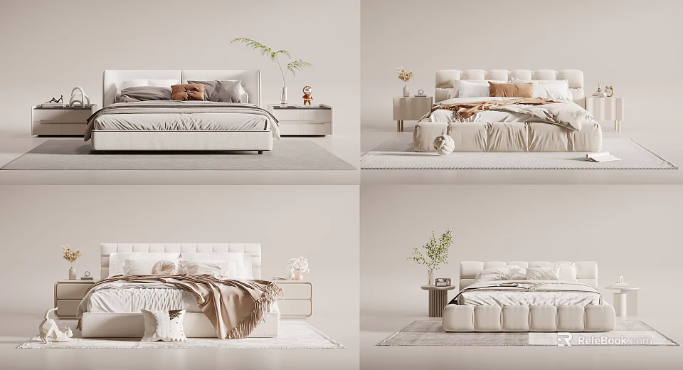 Elegant Modern Double Bed Interior With Soft Pillows Nightstand Plant And Rug 3d model 