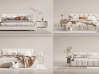 Elegant Modern Double Bed Interior With Soft Pillows Nightstand Plant And Rug 3d model