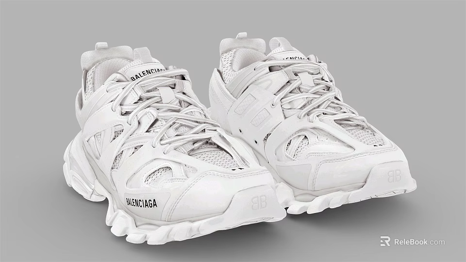 Balenciaga White Chunky Sole Mesh Design Lace Up Trendy Sporty Sneakers 3d model 