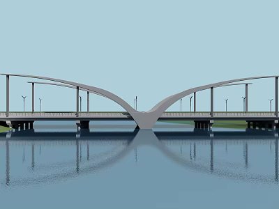 Scenic Modern Arched Bridge With Street Lamps Over Calm Water And Reflection 3d model