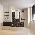 Modern Bedroom Interior With Black Leather Bed Gray Bedding White Cabinets And Wooden Panels