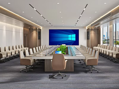Modern Conference Room Interior Design With Long Table Multiple Chairs And Large Screen 3d model